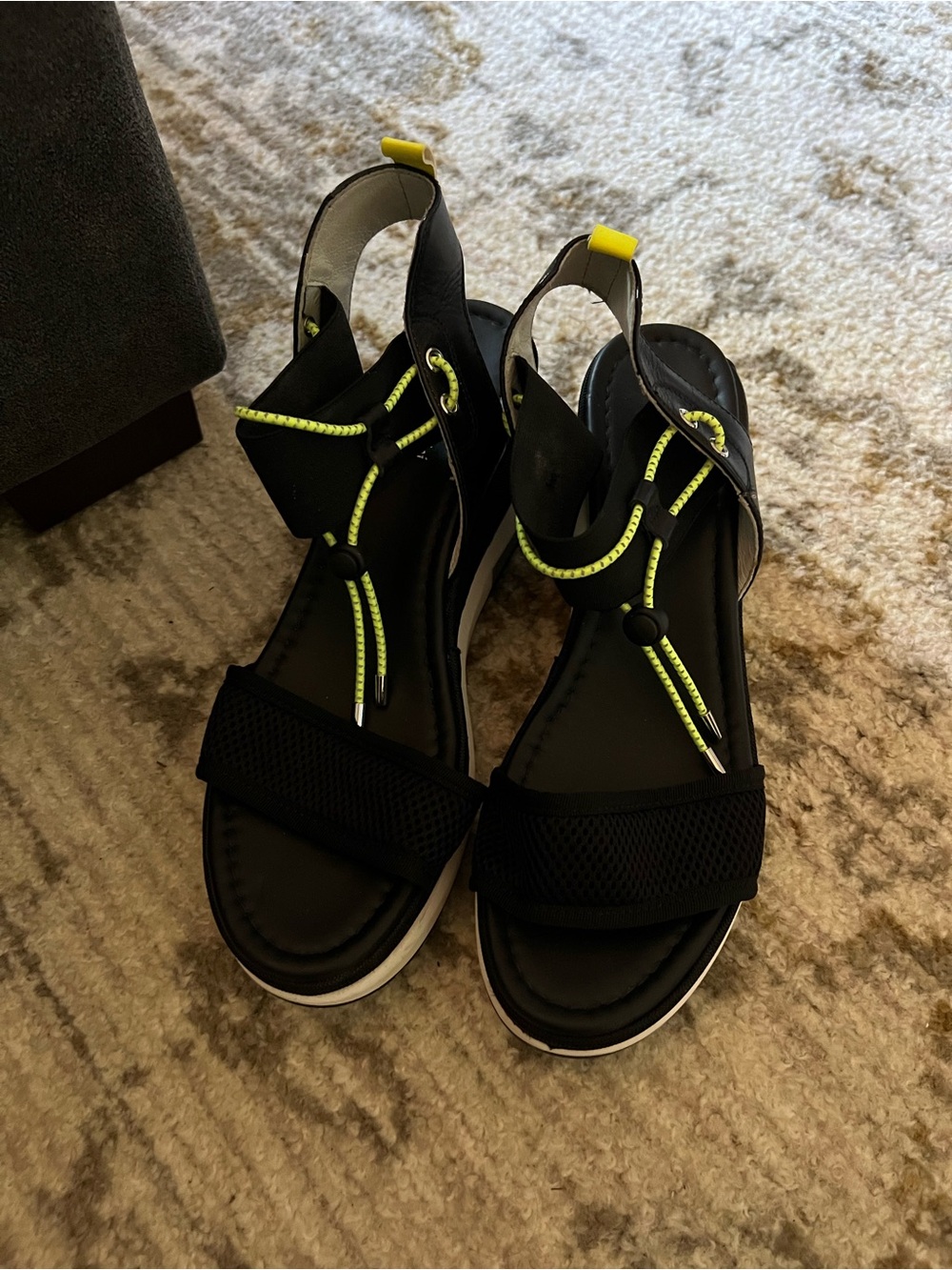 Nero Giardini Black Wedge Sandals with Neon Yellow Accents - Picture 4 of 6
